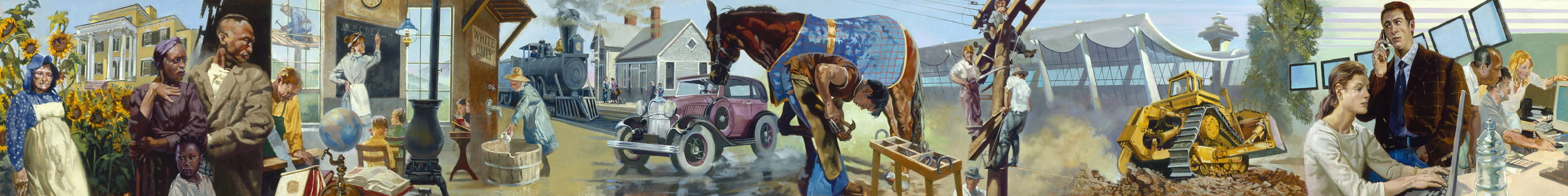 Panel 4: The Urban Frontier highlights the advent of electricity and automobiles as agents of revolutionary change, the racial divide from lifestyle to education, and expansion, development, and the Dulles Airport.