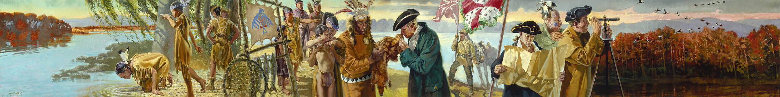 Panel 1: The First Frontier depicts the original inhabitants and early European colonization.