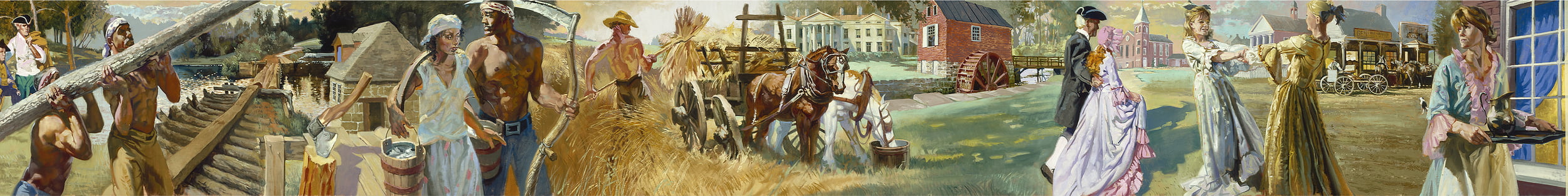 Panel 2: The Golden Age of Agriculture illustrates the revolution in transportation (turnpikes, canals, and railroads), as well as wheat—Loudoun's staple agricultural product—and the country store, the center of community life.