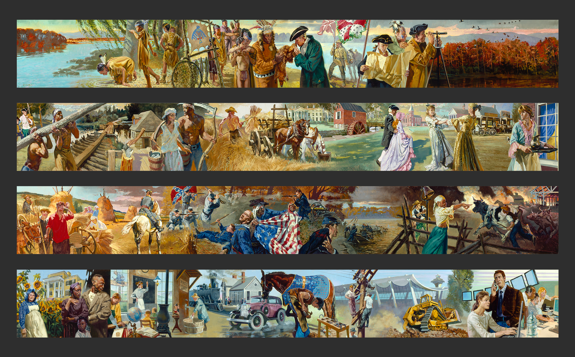Panel 1: The First Frontier depicts the original inhabitants and early European colonization.